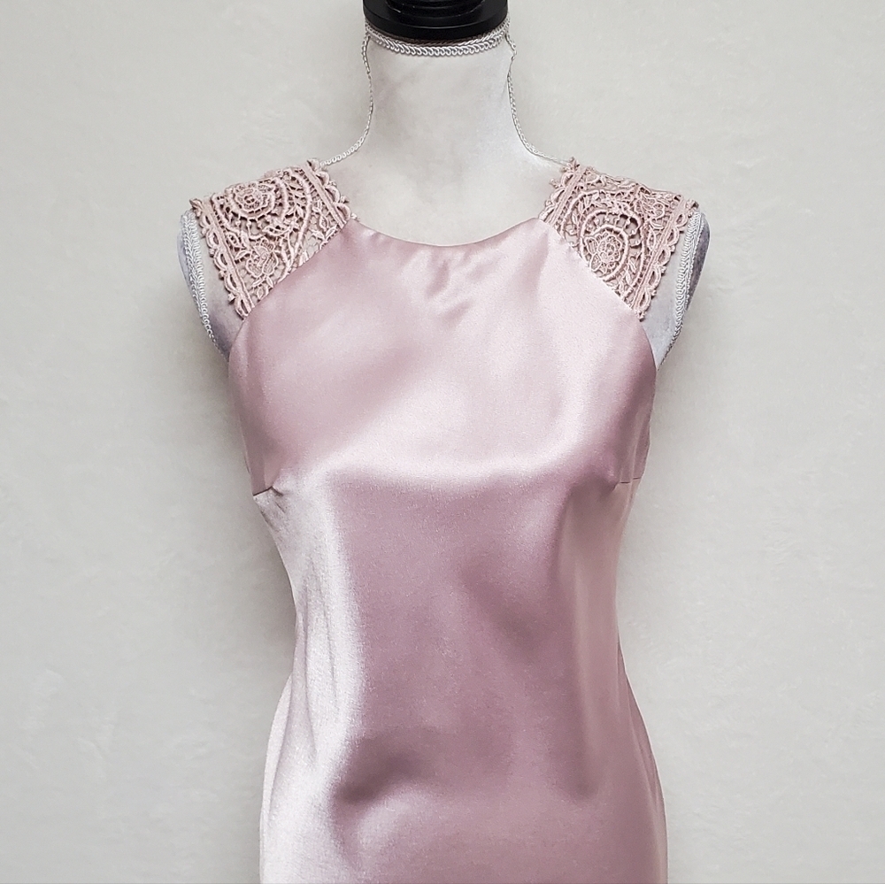 VINTAGE 90s 1001 Nights Blush Pink Satin Crochet Panel Lace-up Back Maxi Dress 6 - Picture 5 of 16